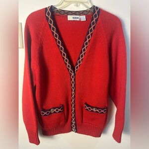 ASTON 100% Wool Cardigan‎ Sweater Women's M Red Argyle Cottagecore Holiday VTG